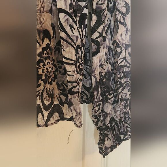 Eci 8 Gray Black 100% SILK LSlv Zipp Flocking Floral Print V-neck Women Blouse - Picture 9 of 12